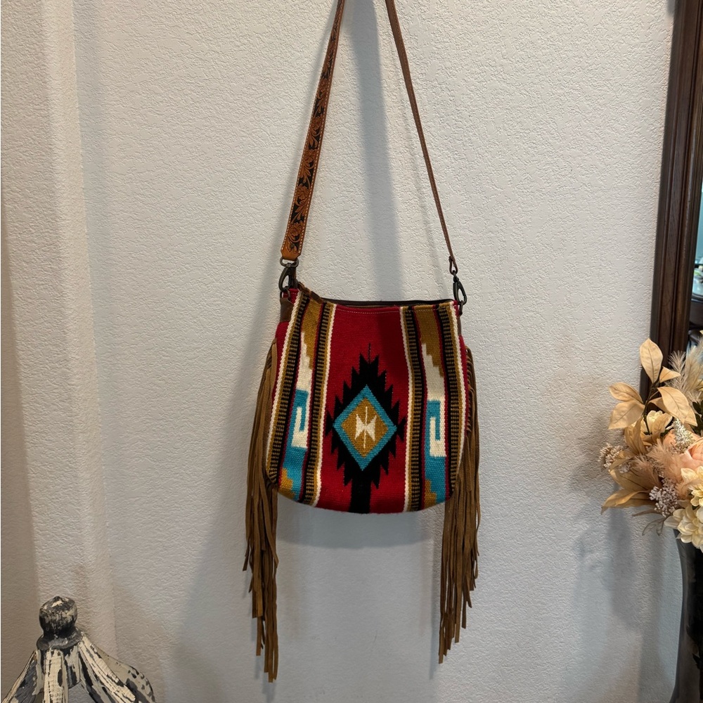 American Darling Red and Blue Shoulder Bag with Geometric Patterns